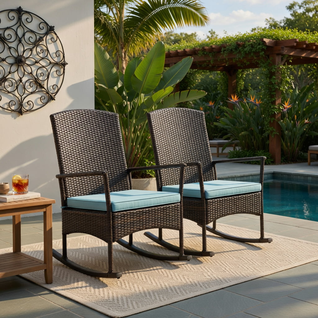 Hommoo 3-Piece Outdoor Patio Rocking Set, Wicker Rocking Chairs with 2-Tier Tempered Glass Coffee Table, Heavy-Duty Metal Frame, All-Weather PE Rattan, Turquoise