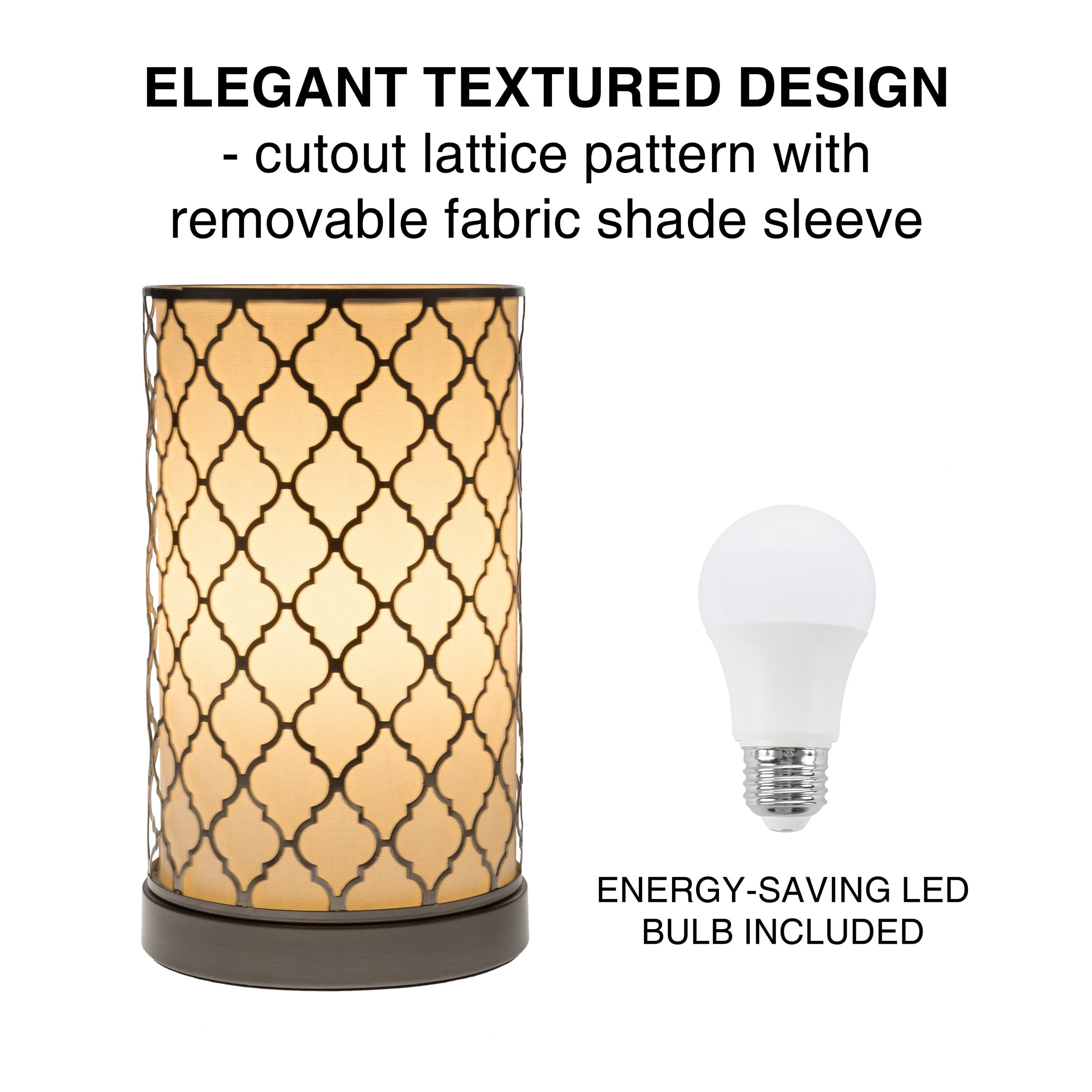 Lavish Home LED Uplight Table Lamp with Steel Finish, Fabric Overwrap, Laser Cut Quatrefoil Pattern