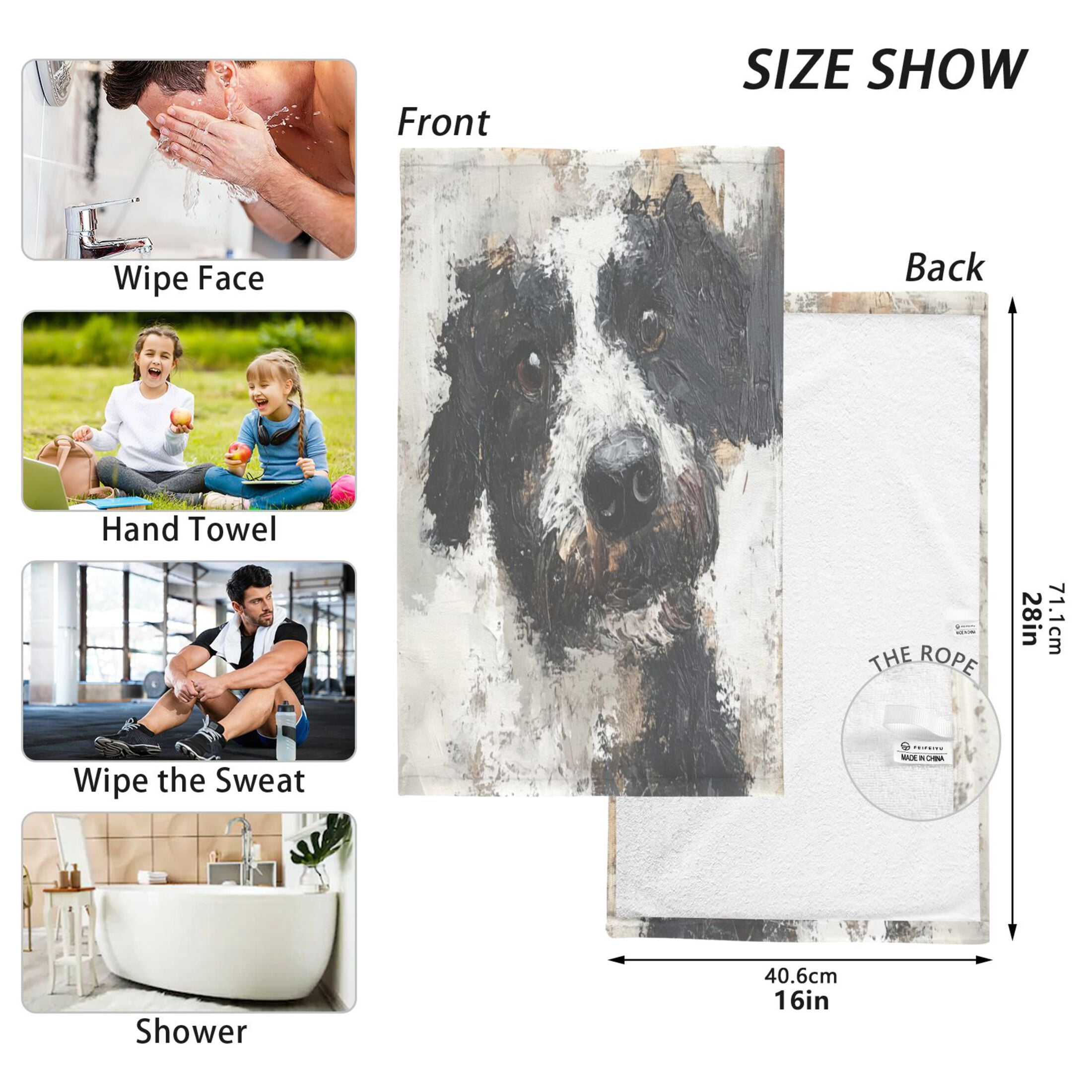 Cotton Towel Two-Piece 16x28 Inch One Sizex2 Face Towel Set Towel Set Cotton Hand Bath Towel Bathroom Beach Black and White Cute Dog
