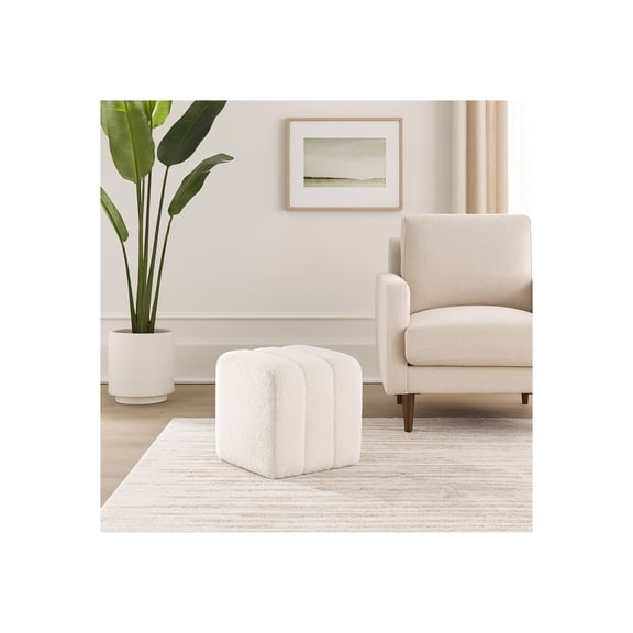 Decorative Ridged Square Ottoman for Home Decor - Stylish Ottoman Perfect for Vanity Chair, Bedroom Stool, and Office Decor - Upholstered Foot Rest Ottoman for Living Room Furniture - 16", White