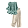 thumbnail image 4 of Linen Sets for Women 2 Piece 3/4 Sleeve Embroidered Top Wide Leg Pants Casual Summer Vacation Lounge Boho Matching Outfits, 4 of 6