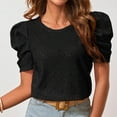 thumbnail image 2 of Blusa holgada de jacquard con mangas cortas abullonadas y detalle calado para mujer, color negro, estilo veraniego, 2 of 7