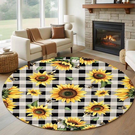 Round Rugs 5Ft, Summer Sunflowers Round Area Rug Washable Indoor Throw Carpet, Pastoral Black Plaid Farmhouse Soft Non Slip Circle Rug for Cabinet Bathroom Home Decor Aesthetic