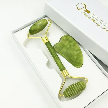YeekTok Jade Roller and Gua Sha for Facial Massage Eye Puffiness Green Face Roller Quartz Guasha Tool