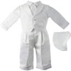 Christening Baptism Newborn Baby Boy Newborn Baby Special Occasion 3 Piece Boys Cotton Cross Dobby Vest With Satin Long Pant Comes With A Matching Hat