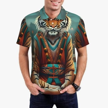 Logiee Pond Meditating Tiger Print Mens Polo Shirts Mens Golf Polo Shirts Short Sleeve Casual Polo Shirts for Men Summer Fashion Beach Shirts-Small
