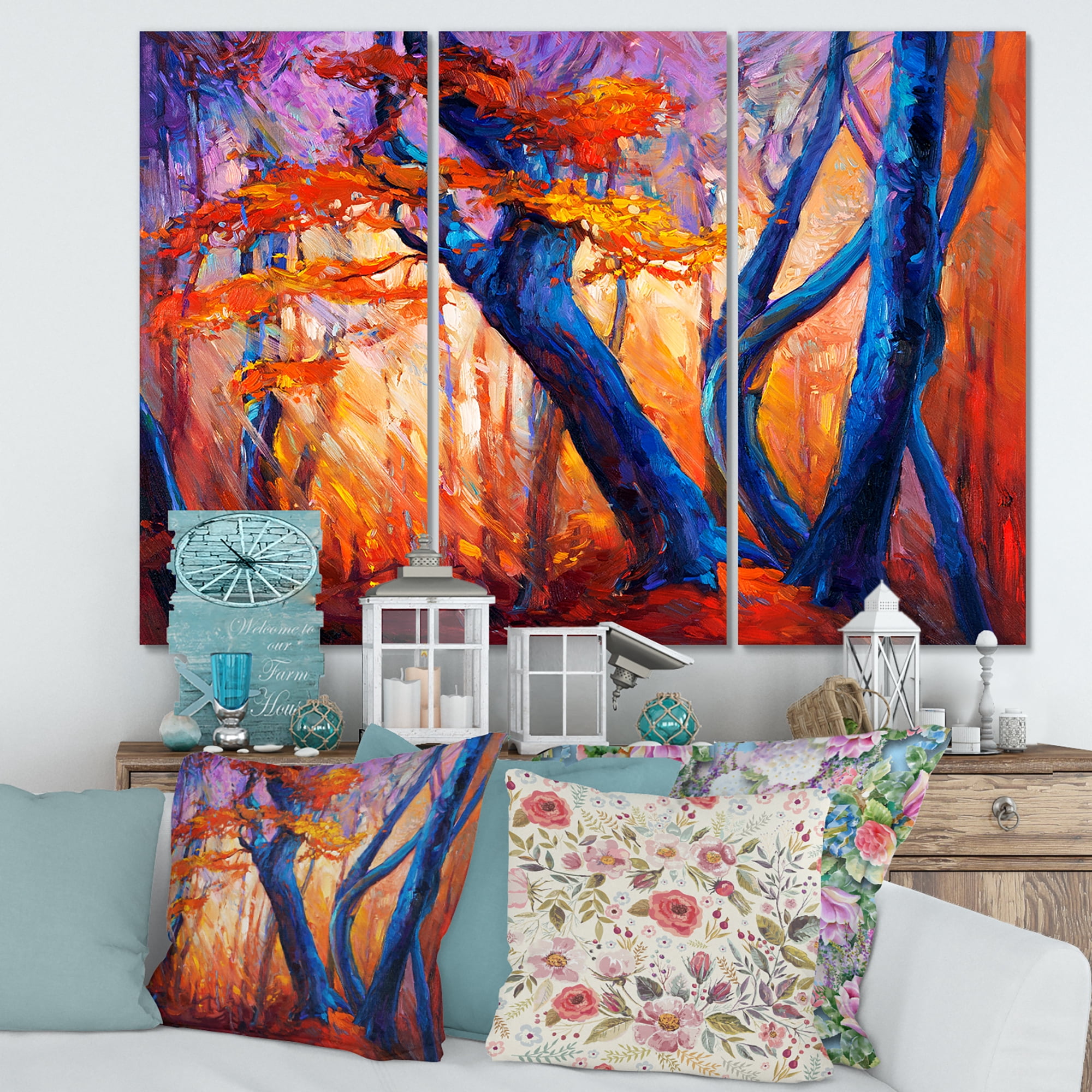 Designart ' Abstract Blue Silhouettes Of Trees In Orange Autumn Forest ' Farmhouse Canvas Wall Art Print