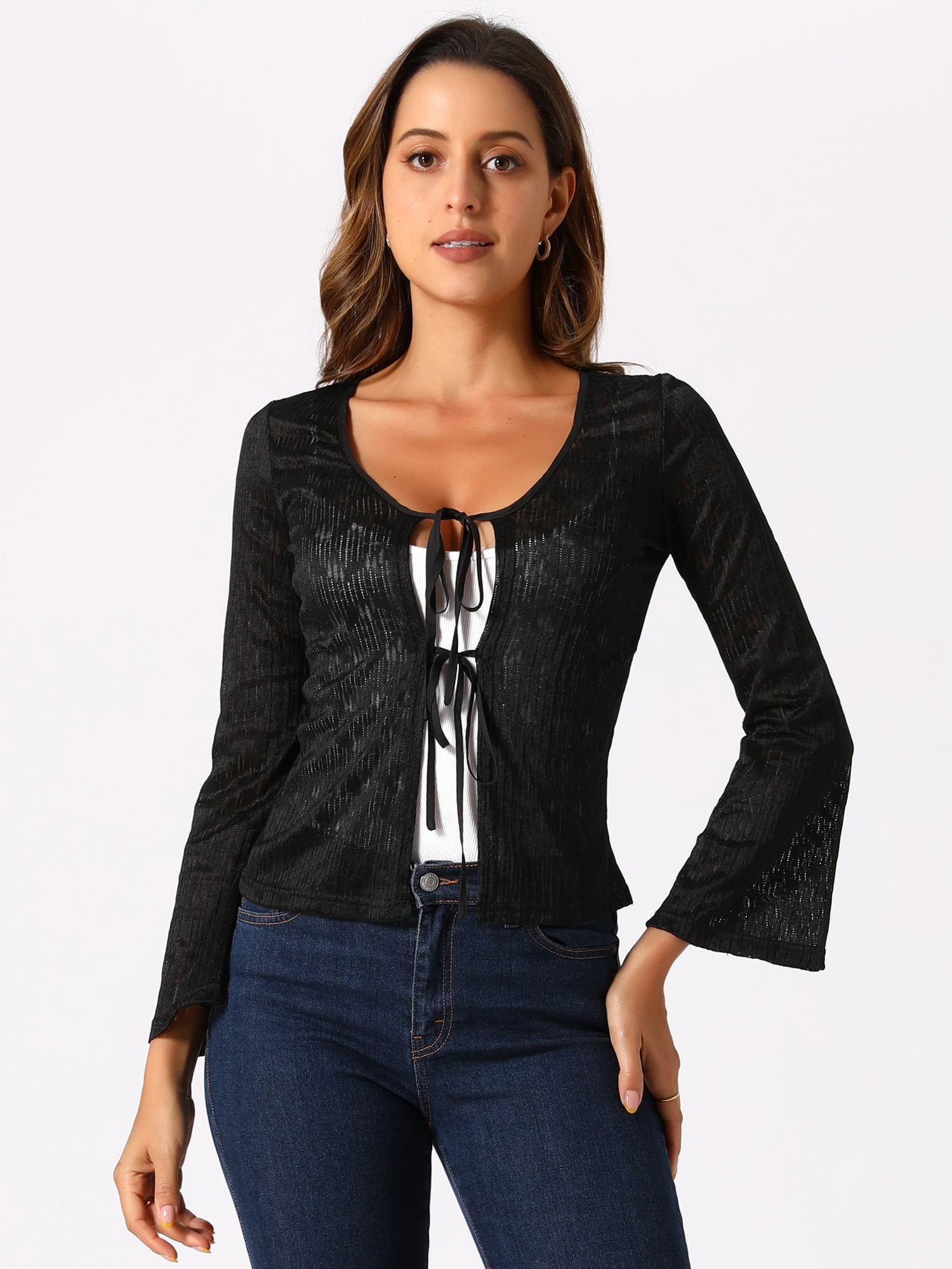 DARING DIVA Women's Tie Front Bell Long Sleeve Bolero Cardigan Shrug S Black