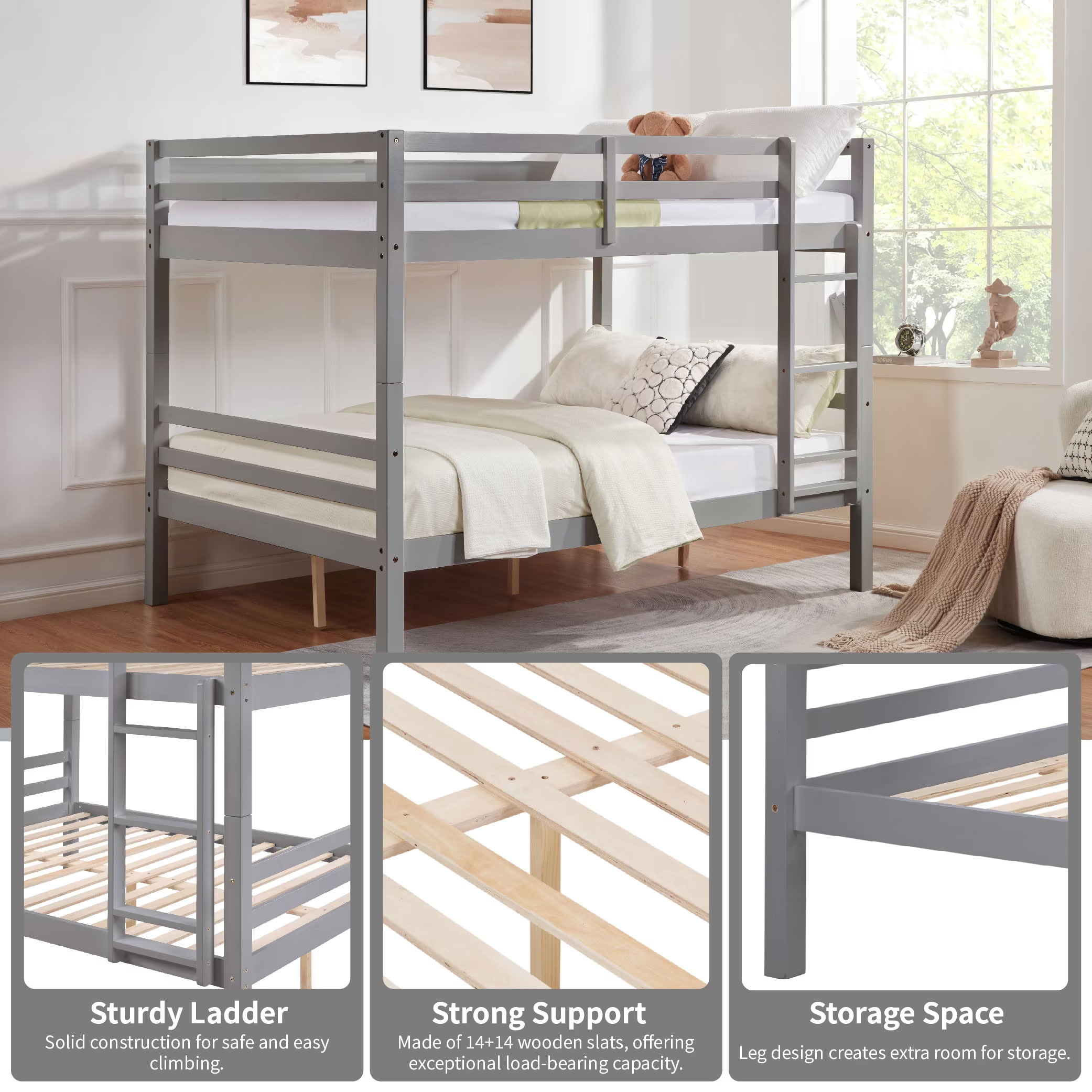 MAYEERTY Full over Full Bunk Bed with Thick Posts, Solid Wood Bed Frame with High Guardrail and Ladder, for Kids Teens Dorm Rooms, No Box Spring Needed