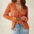 thumbnail image 2 of KOMOO Women Ruffle Cardigan Long Flare Sleeve V Neck See Through Cardigan Casual Lace Up Blouse, 2 of 8
