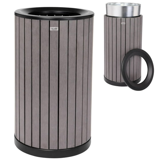 Alpine 32 Gallon Commercial Outdoor Trash Can - Heavy Duty Garbage Can Outdoor, Industrial Open Top Trash Can with Plastic Panels for Patio, Parks, Trails, Resorts (Flat Lid - Grey)
