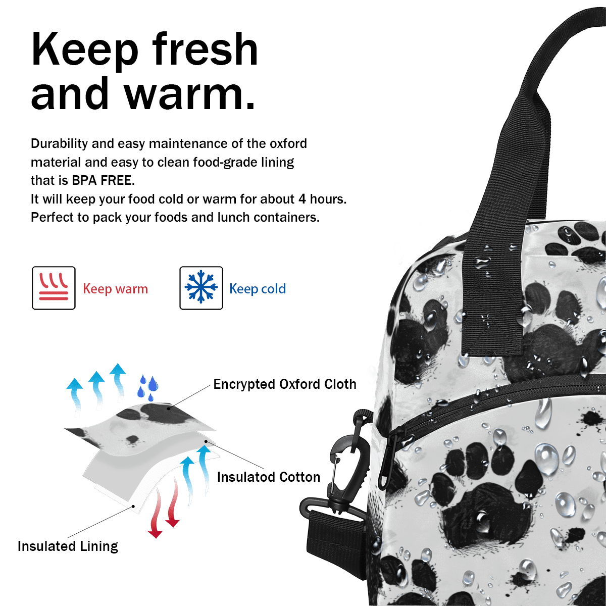 Herdesigns Animal Paw Prints Insulated Lunch Bag for Women Men Adults Large Reusable Lunch Box Dog Paw Leakproof Cooler Tote Bags with Adjustable Shoulder Strap