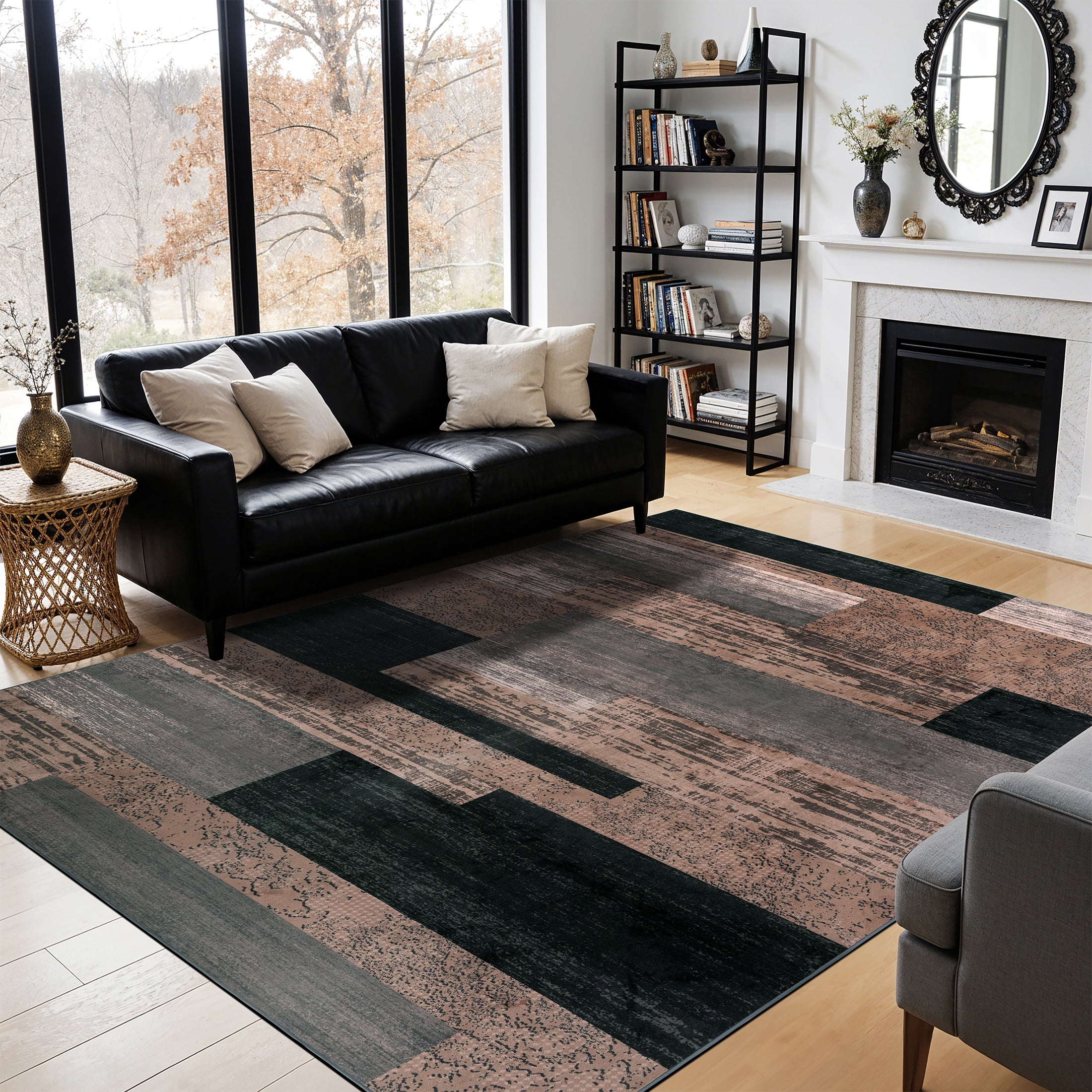 SONORO KATE 3'x5' Area Rugs for Living Room, Machine Washable Industrial Vintage Non Slip Soft Indoor Area Carpet, Black/Brown