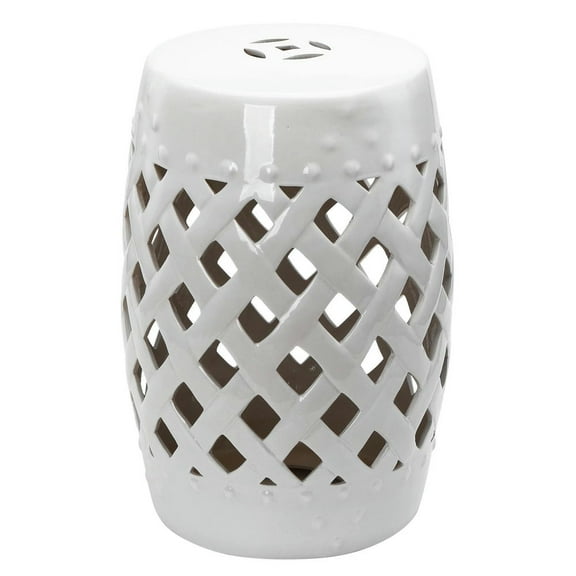 Topcobe 13" x 18" Ceramic Garden Stool with Woven Lattice Design & Glazed Strong Materials Decorative Outdoor Stool, Modern Outdoor Patio Furniture for Backyard, White