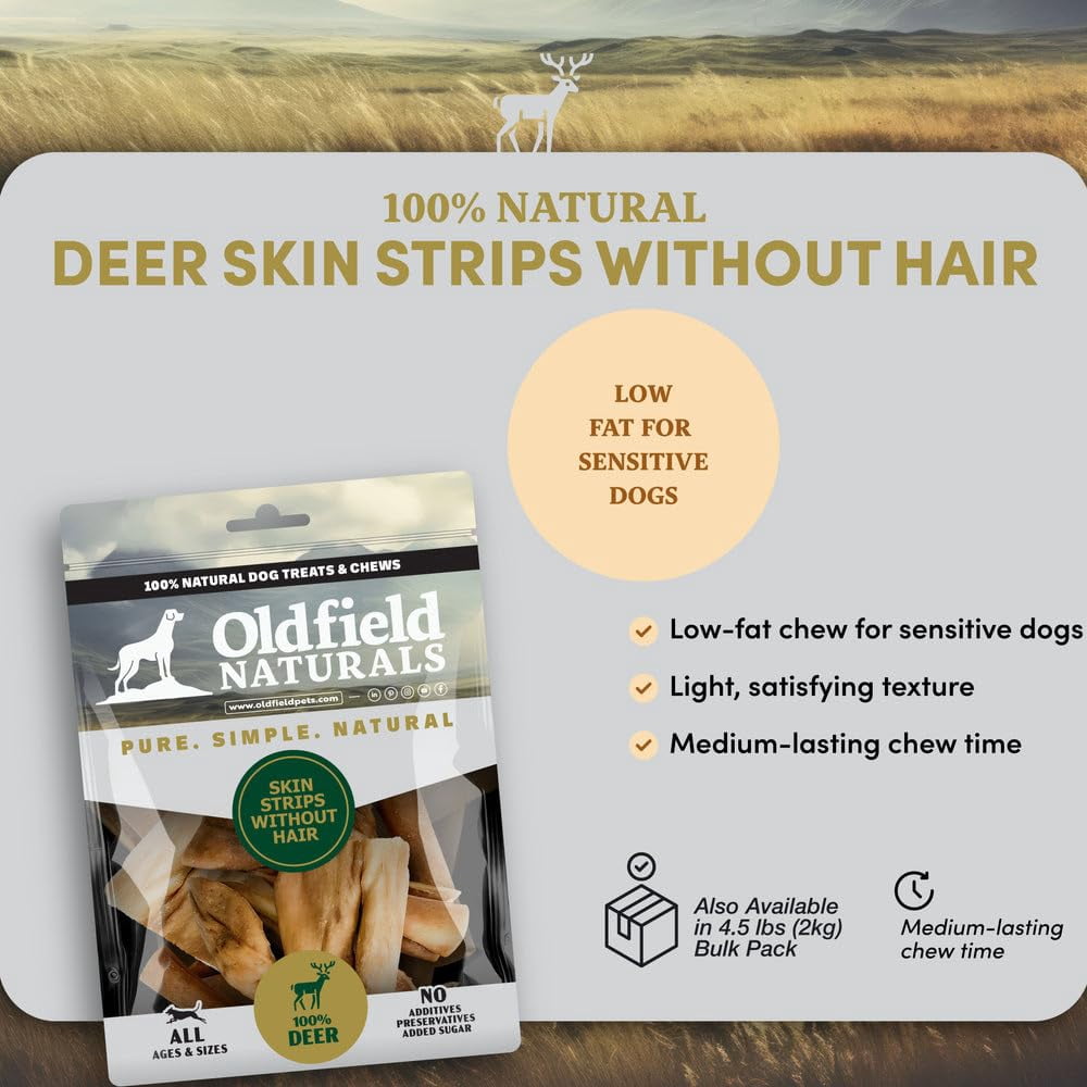 Oldfield Naturals Deer Skin Strips Dog Treats, Venison Dog Chews, Air Dried Hair-Free Deer Skin, Single Ingredient High Protein Natural Dog Chews for Sensitive Dogs, 2.2 lb