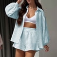 thumbnail image 2 of hotojiny 2 Piece Outfits for Women Stripes Long Sleeve Button down Shirt with High Waist Shorts with Pockets Beach Vacation Clothes, 2 of 7
