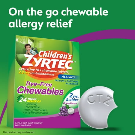 Zyrtec 24 Hour Children's Allergy Chews, 2+ yrs, 2.5 mg Grape, 24 Ct