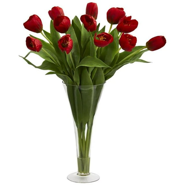Nearly Natural 1587-RD Tulips Artificial Arrangement in Flared Vase - Red