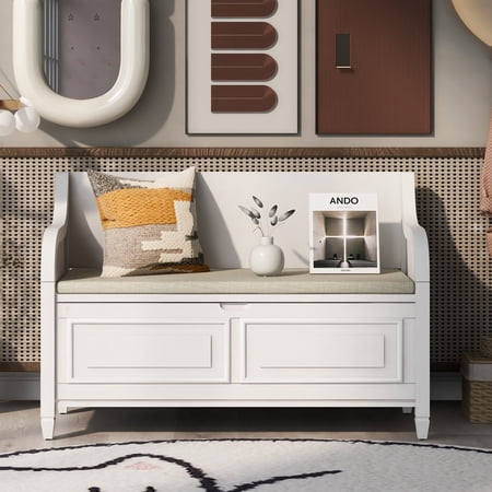 Bellemave Flip Top Storage Bench with Hinge, Wooden Bench with Removable Cushion for Entryway, Hallway, Mudroom, Bedroom (White)