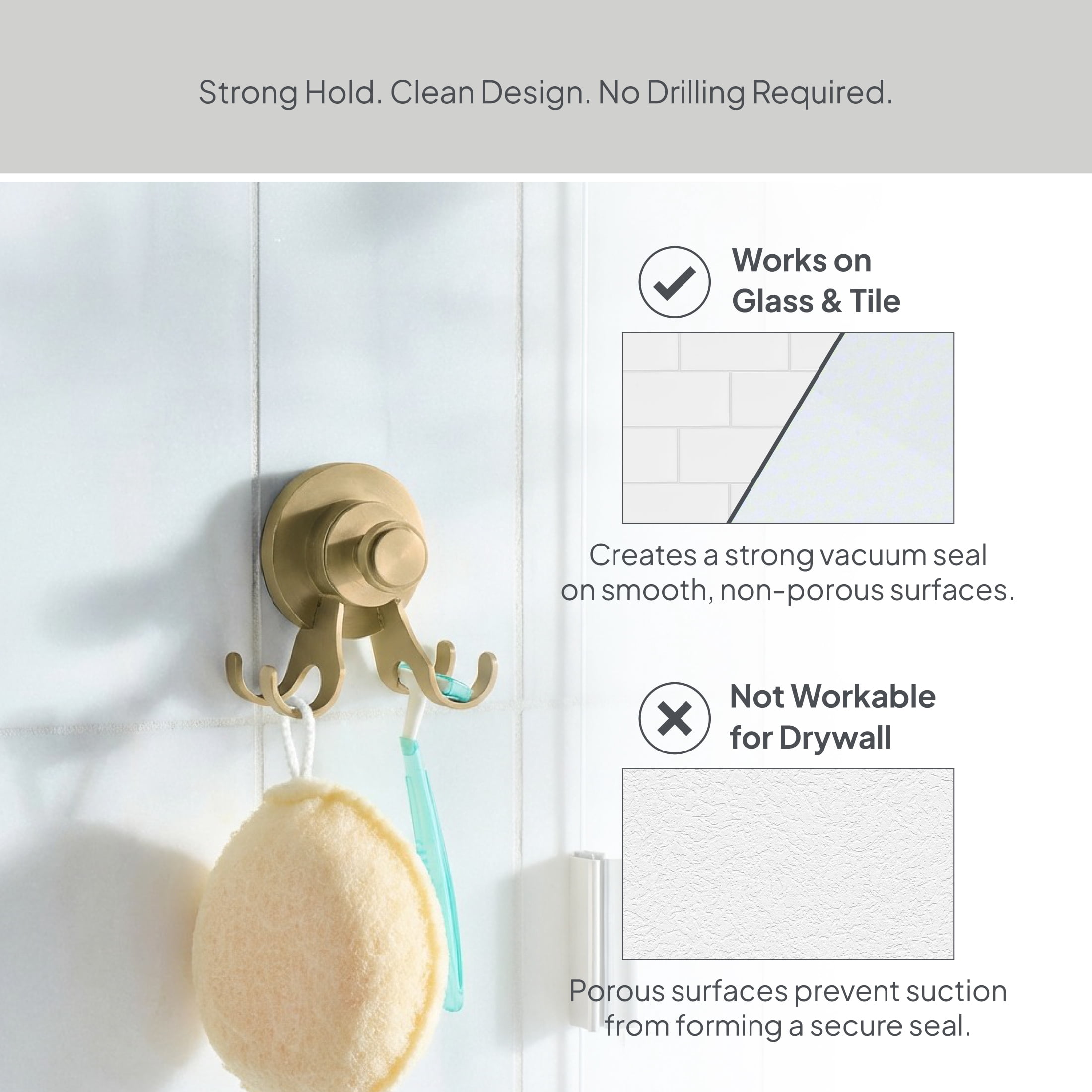 Better Homes & Gardens StyleGrip™ Suction Mount Shower Multi-Hook, Brass