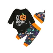 Frobukio Infant Baby Boys Girls Halloween Clothes Set Printed Long Sleeve Romper Elastic Waist Trousers Hat Black 9-12 Months