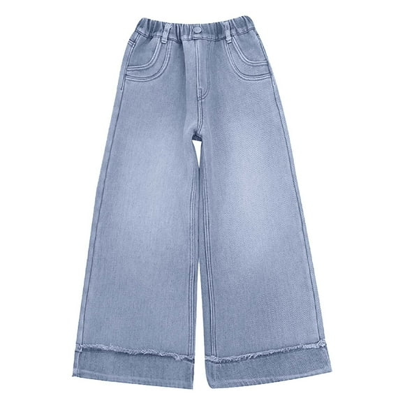 WERYOUNG Girls Boys Jeans Pants Summer Fashion Stretch Elastic Empire Waist Straight Wide Leg Pants With Pockets Girls Trendy Outdoor Wear,Blue,12-15 Years