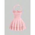 thumbnail image 2 of Pink Vintage Halter Mini Dress With Ornamental Buckle And Tiered Skirt, 2 of 8