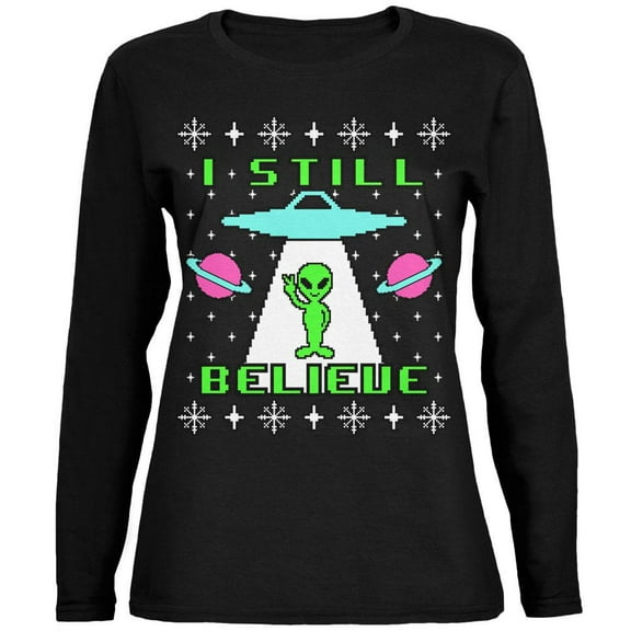 Alien I Still Believe Ugly Christmas Sweater Ladies' Relaxed Jersey Long-Sleeve Tee Black 2XL