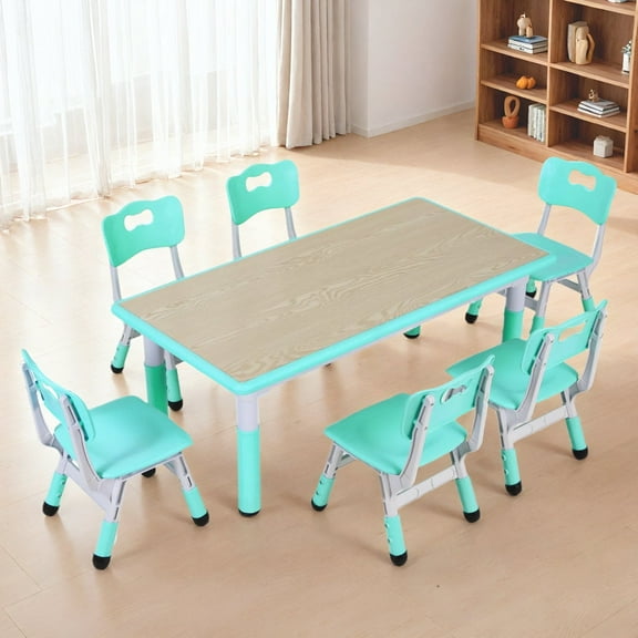 LAZY BUDDY 7-Piece Toddler Table and Chairs Set, Kids Activity Table with 6 Chairs with Graffiti Desktop, Adjustable Height, for Boys Girls 2-10