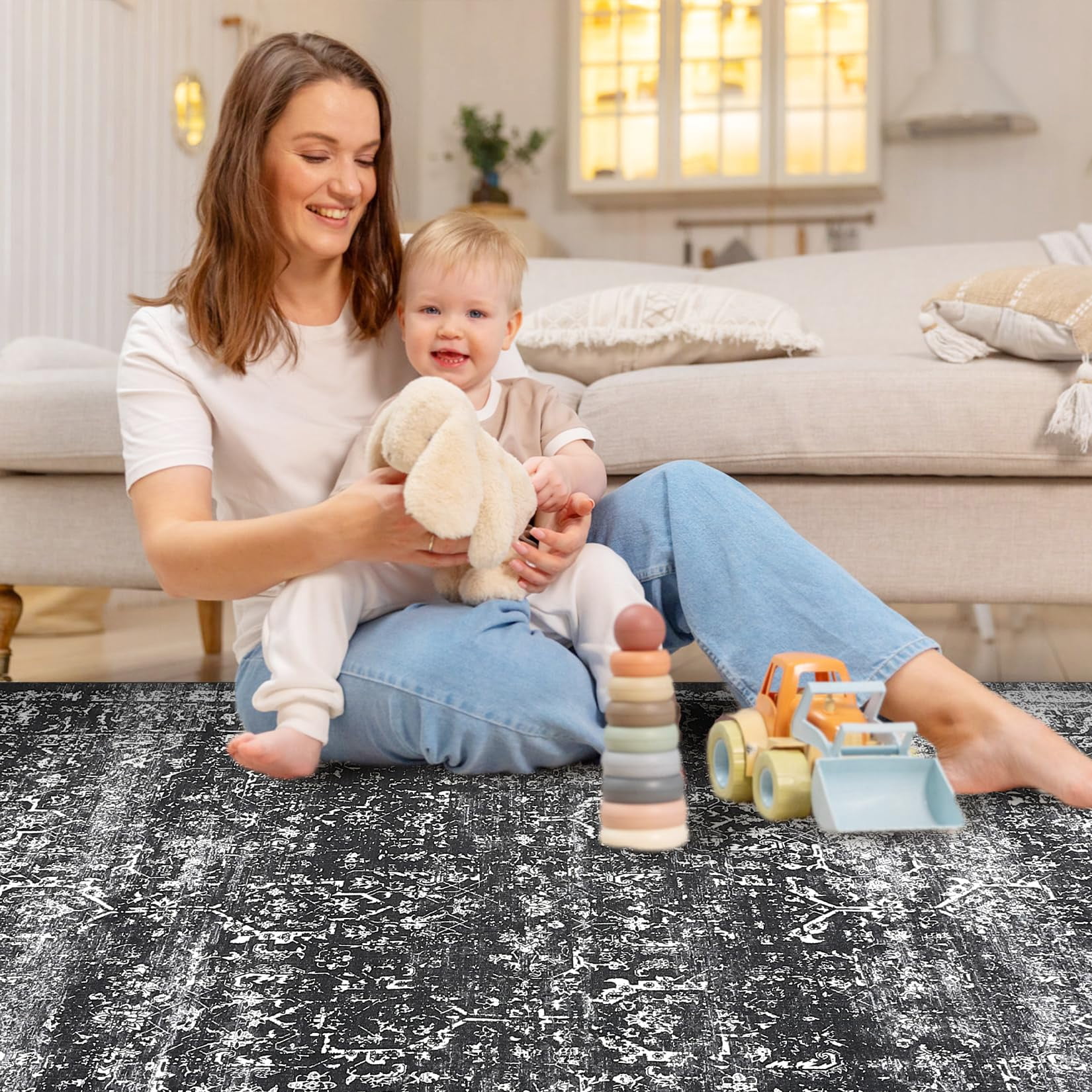 Rugs for Living Room,Living Room Rug，Rug Washable Rug for Bedroom Vintage Rug Non Slip Large Area Rug Oriental Soft Throw Rugs Low Pile Stain Resistant Carpet for Office Nursery Dining Room