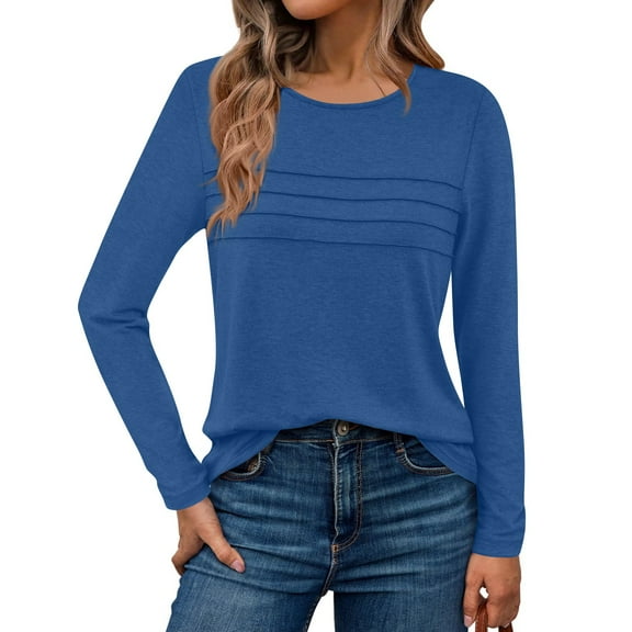 XDDLITP Womens Long Sleeve Shirts Pleated Solid Color Tops Crewneck Long Sleeve Tunic Basic Tops Dressy Casual Business Blouses,Blue XL