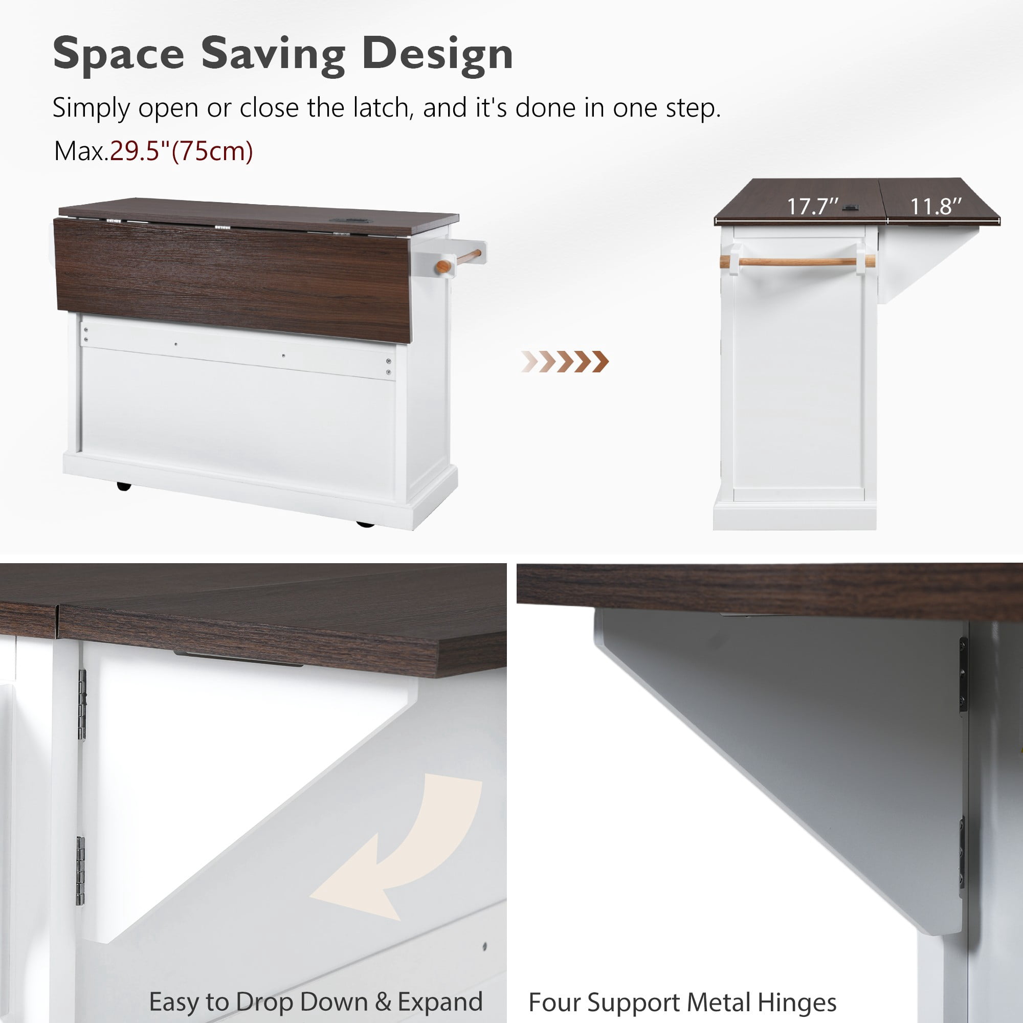 54.9" Kitchen Island on Wheels with Drop Leaf, Power Outlet, 4 Door Shelves, Cross Barn Doors & Visual Glass Door