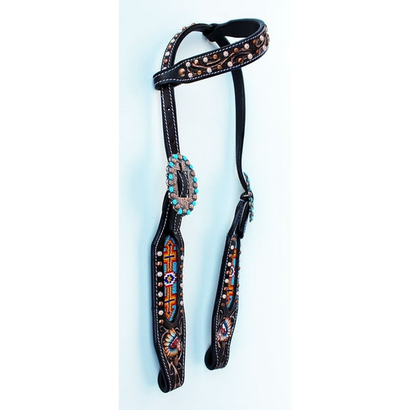 Horse Show Bridle Western Leather Headstall Brown Turquoise Tack Rodeo 79106HA
