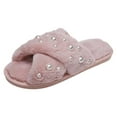 thumbnail image 3 of Leozcaa Women's Fuzzy Slippers Cross Band Memory Foam House Slippers Open Toe Pearl Slip On House Shoes, 3 of 9