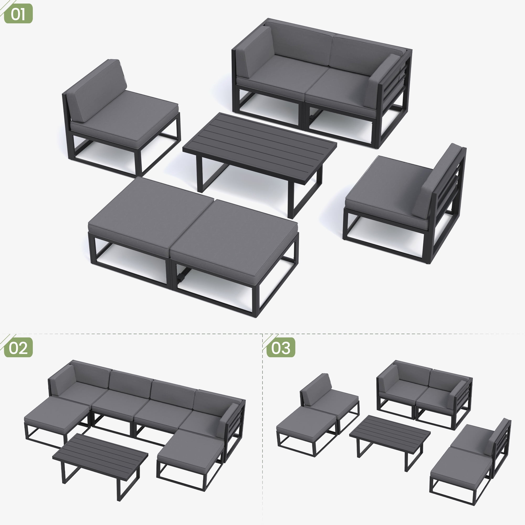 MRUAKA Aluminum Patio Furniture Set,7 Piece Modern Outdoor Furniture with 5 inch Cushion, Metal Patio Sectional Conversation Sets for Deck, Backyard, Porch,Gray(Included Waterproof Covers)