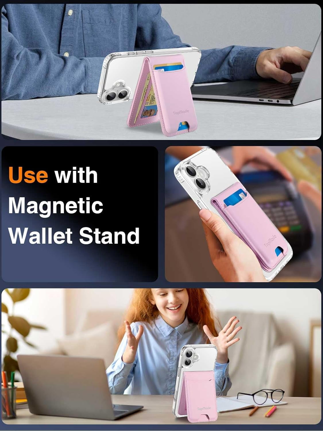Magnetic Phone Wallet Stand Compatible for iPhone 17/16/15/14/13/12 Series, Magnetic Wallet Card Holder with Detachable Phone Case for iPhone 16 Plus, 1 Set