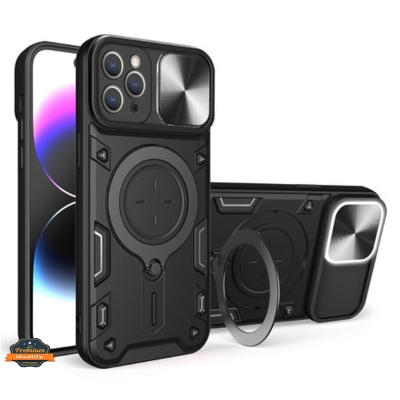 For Apple iPhone 16 Pro Max (6.9") Magnetic Circle Ring Stand Compatible with Magsafe and Sliding Camera Lens Protector Hybrid Shockproof Phone Case Cover by Xpression - Black