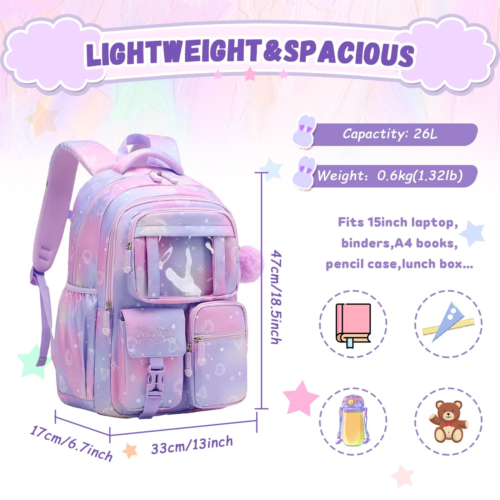 Soda Candy Backpacks for Girls Kawaii Ita Kids Backpack Water Resistant Lightweigt Students Bookbag for Elementary Primary Middle School, Purple