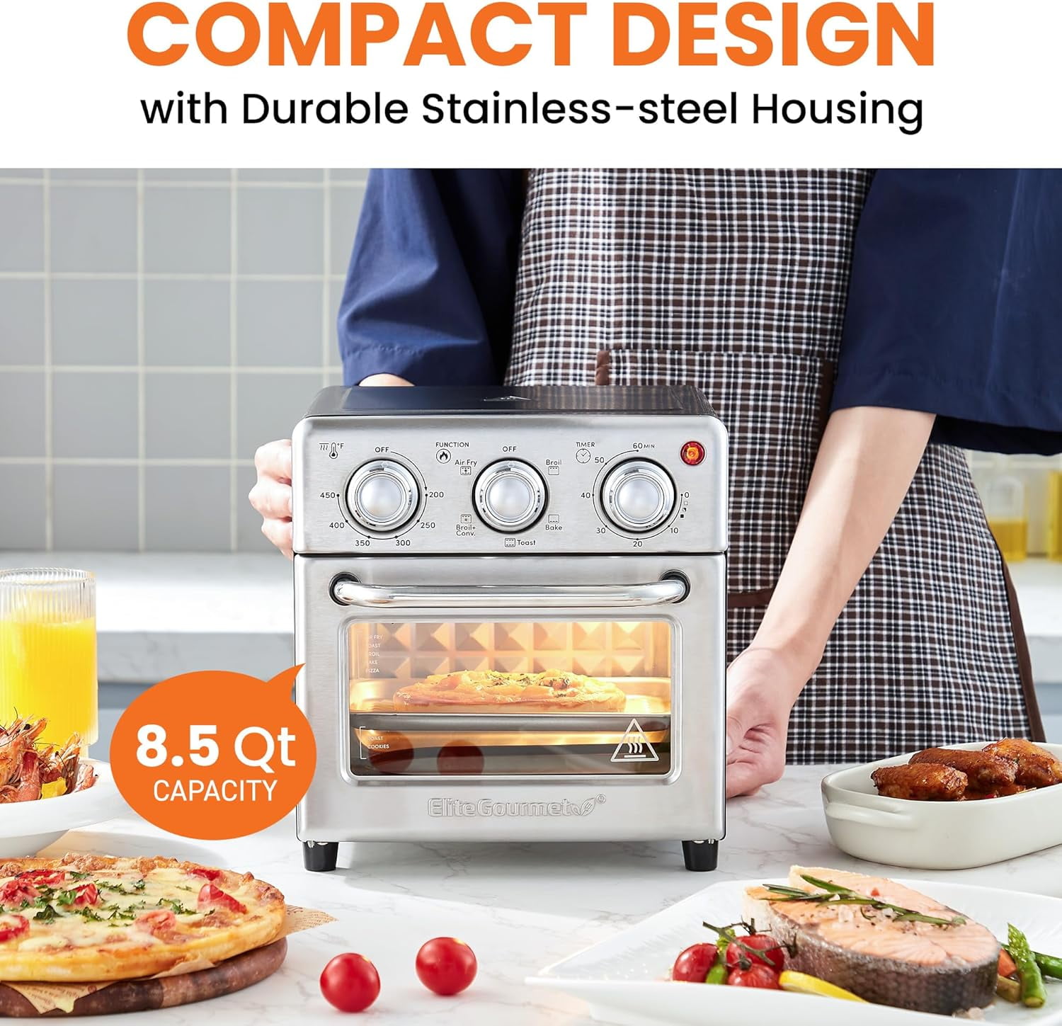 Elite Gourmet EAF0852SS 8.5Qt. Capacity Air Fryer Oven, Air Fry, Broil, Toast, Bake & Broil with Convection, Time and Temperature Controls, 800-Watts, Includes 25 Delicious Recipes, Stainless Steel