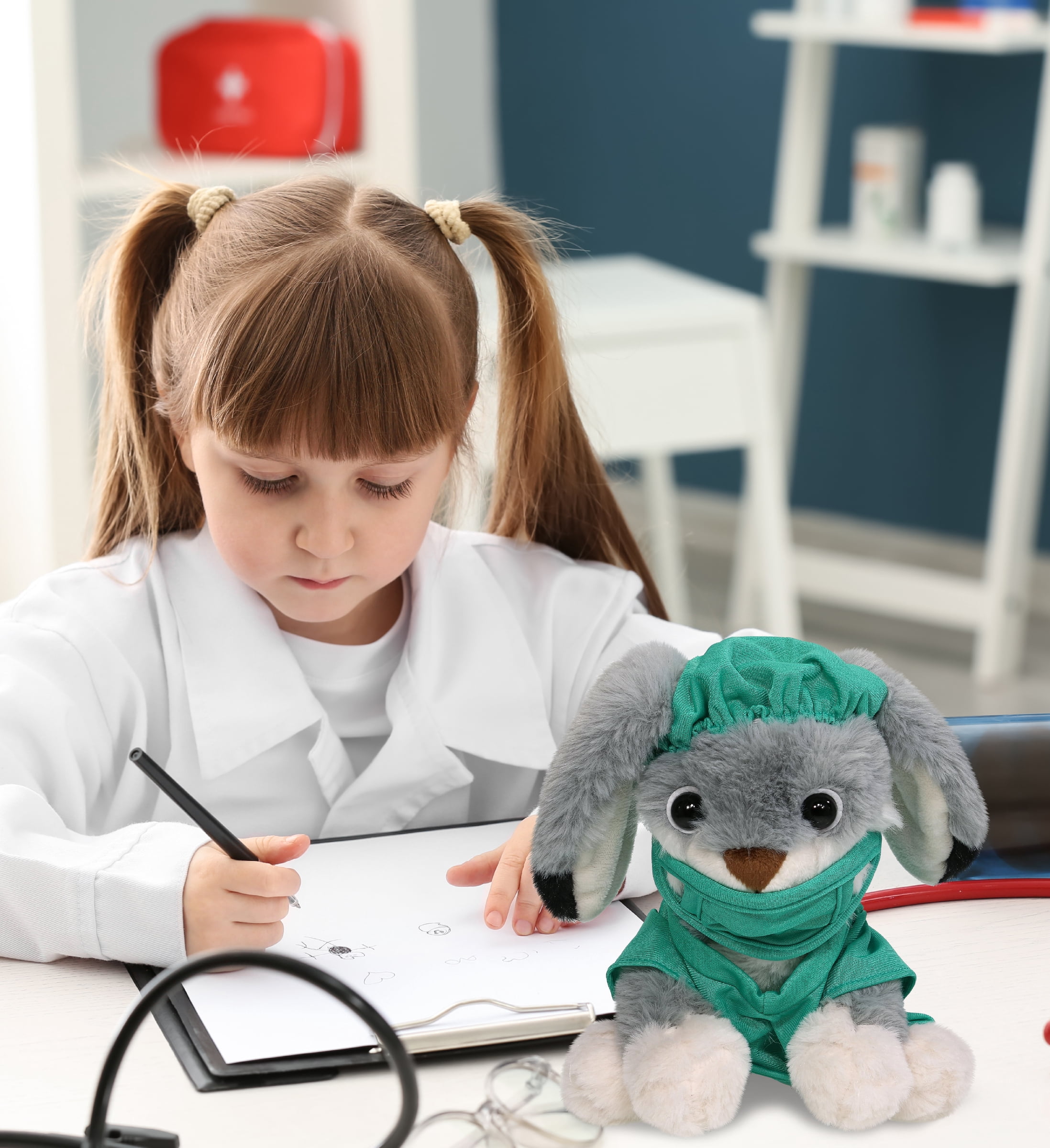 DolliBu Grey Rabbit Doctor Plush Toy - Super Soft Rabbit Doctor Stuffed Animal Dress Up with Cute Scrub Uniform and Cap Outfit - Fluffy Toy Plush Gift for Doctor, Nurse, Surgeon, Dentist - 7 Inch
