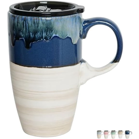 Ceramic Travel Coffeel Mug with Handle and Lid, 18 oz, Portable Coffee Cup for Car Cup Holder, Microwave and Dishwasher Safe, Reactive Glaze (Deep Blue)