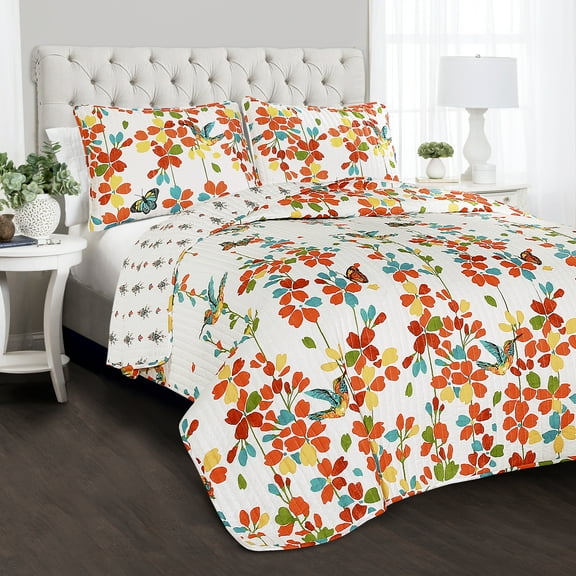 Lush Decor Weeping Flower Quilt Turquoise/Tangerine 3Pc Set