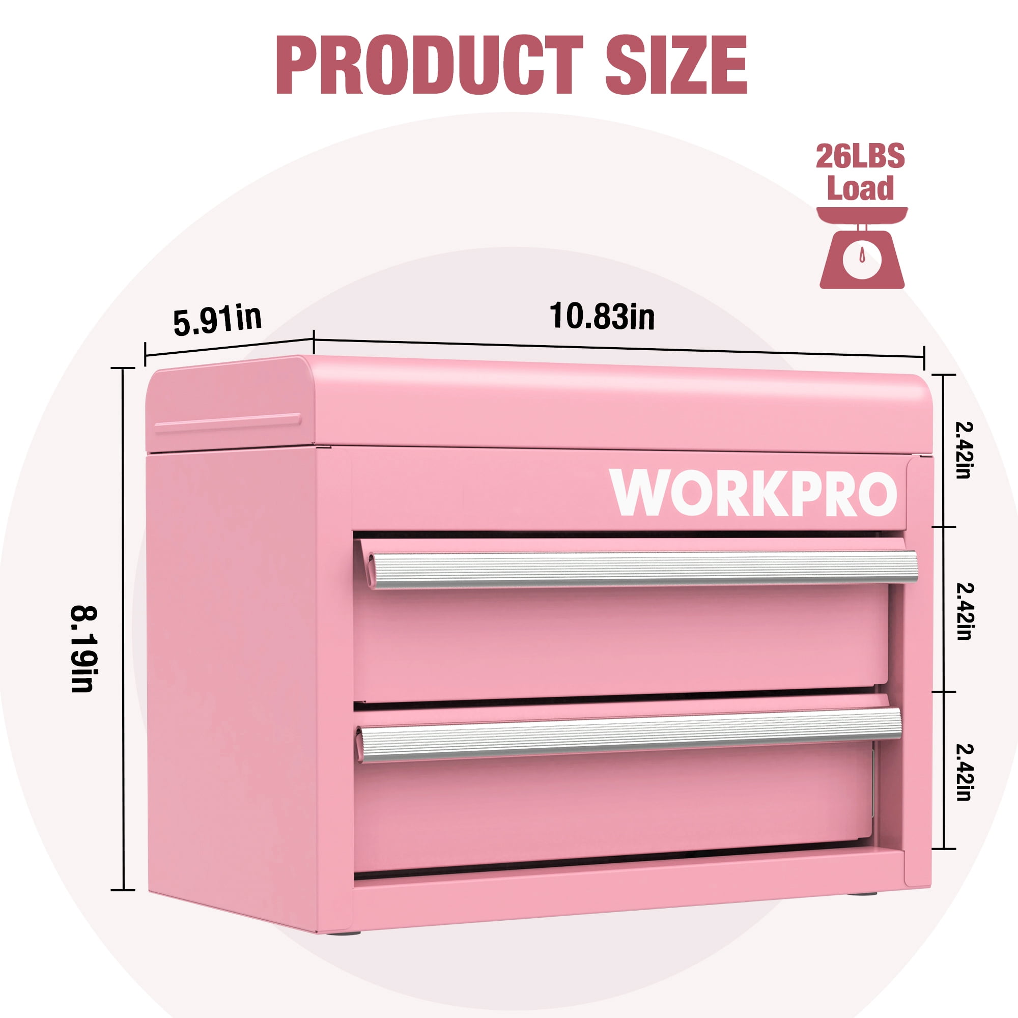 WORKPRO Mini Metal Tool Box, Cold Rolled Steel, 2 Drawers with Magnetic Tabs, PVC Liners, PP Feet Pads, Macaron, 10.8 x 5.9 x 8.2 in