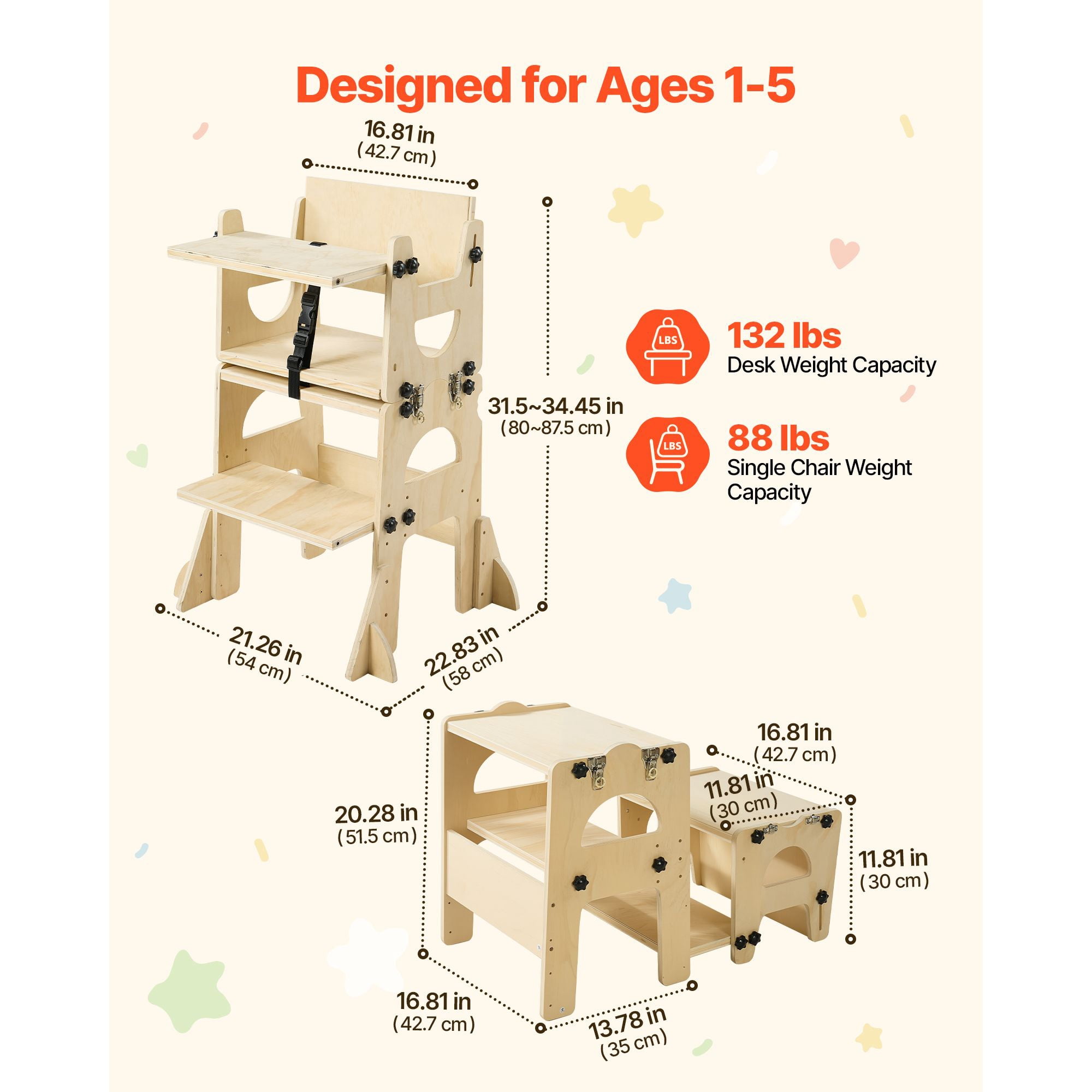 Toddler Tower, Wooden, Adjustable Kitchen Step Stool for Kids 1-5, Montessori Weaning Table and Chair Set, Learning Standing Tower with Chalkboard, Backrest, for Bathroom and Kitchen Counter