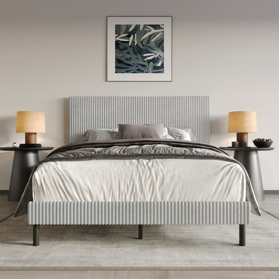 Home Design Osceola Twin Luxurious Corduroy Upholstered Panel Bed Frame for Adult, Light gray, Easy Assembly, Box spring Required (Sold Separately)