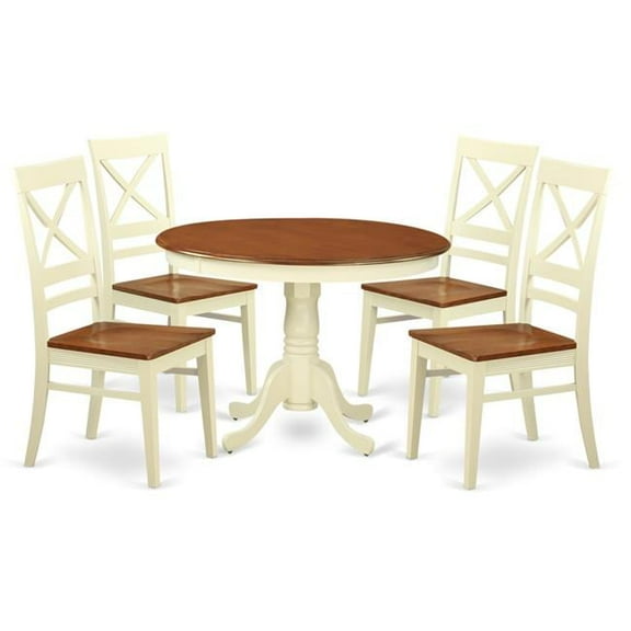 East West Furniture HLQU5-BMK-W Wood Seat Dining Set - One Round Table & Four Chairs with Buttermilk & Cherry - 5 Piece - 42 in.