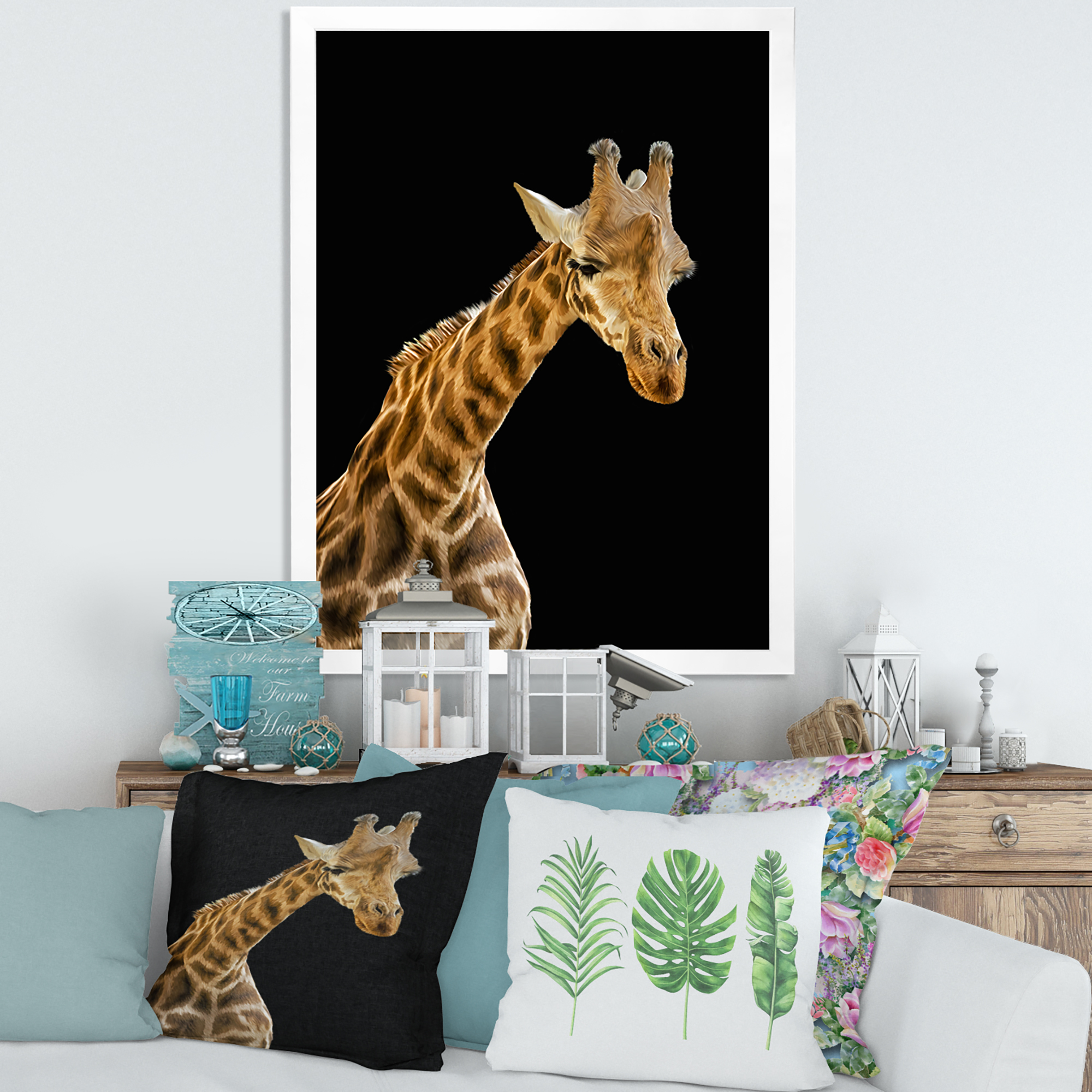 Designart 'Portrait of A Giraffe On Black Background II' Farmhouse Framed Art Print