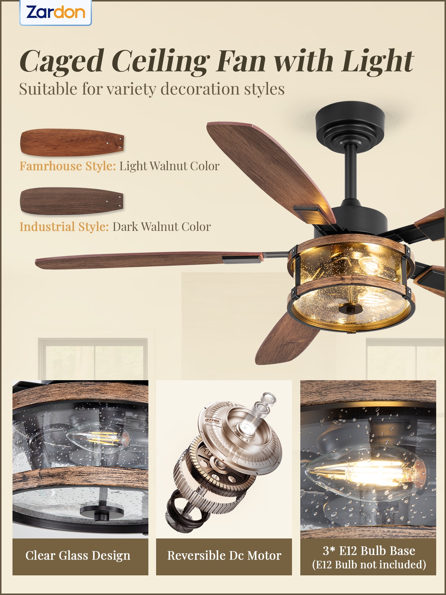 Zardon 52 Inch Farmhouse Ceiling Fan with Light and Remote Control, Quiet Reversible DC Motor, Clear Glass Shade, Dual-Finish Blades for Indoor