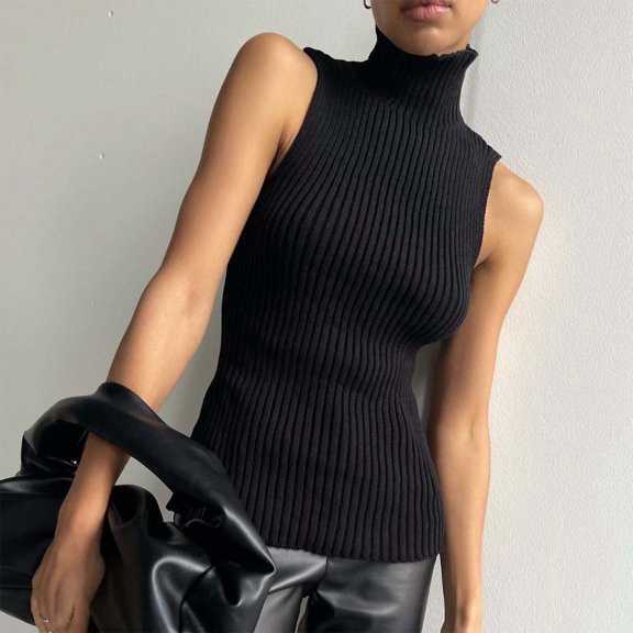 Sweaters for Women Solid Color Turtleneck Sleeveless Tailored Knit Vest Base Layer Smooth Skin Friendly Versatile Top Black L