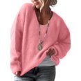 thumbnail image 2 of Women Soft Deep V Neck Drop Shoulder Lantern Long Sleeve Oversized Lazy Fit Solid Knit Sweater Pink M, 2 of 8